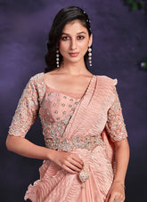 Peach Crape Satin Silk Embroidered Ready to Wear Saree